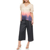 DKNY Women's Puff Sleeve Blouse Easy Everyday Top, Ivry/BLK Multi